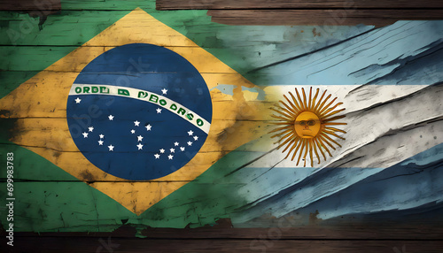 Brazil and Argentina Flag On old dark Wooden Background photo