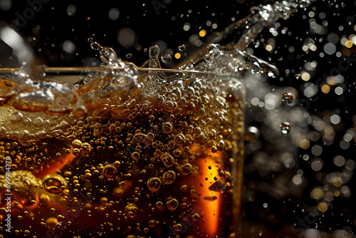 Capturing the Effervescent Explosion of Soda Water Bubbles Underwater Against a Dark Background. A Visual Symphony of Cola Liquid Texture Fizzing and Floating, Emanating Refreshing Carbonate Drink