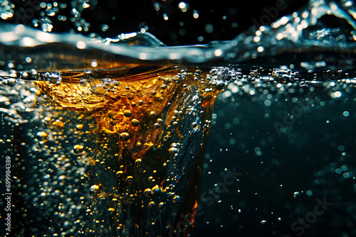 Capturing the Effervescent Explosion of Soda Water Bubbles Underwater Against a Dark Background. A Visual Symphony of Cola Liquid Texture Fizzing and Floating, Emanating Refreshing Carbonate Drink