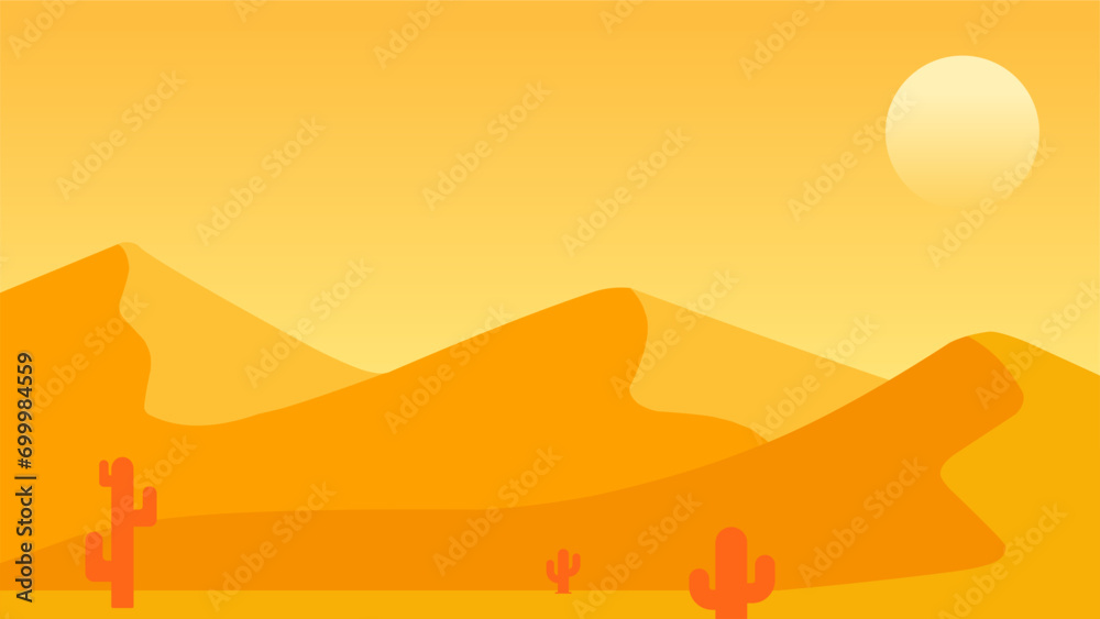 Desert landscape vector illustration. Scenery of sand desert with heat sun and cactus. Dry desert landscape for illustration, background or wallpaper