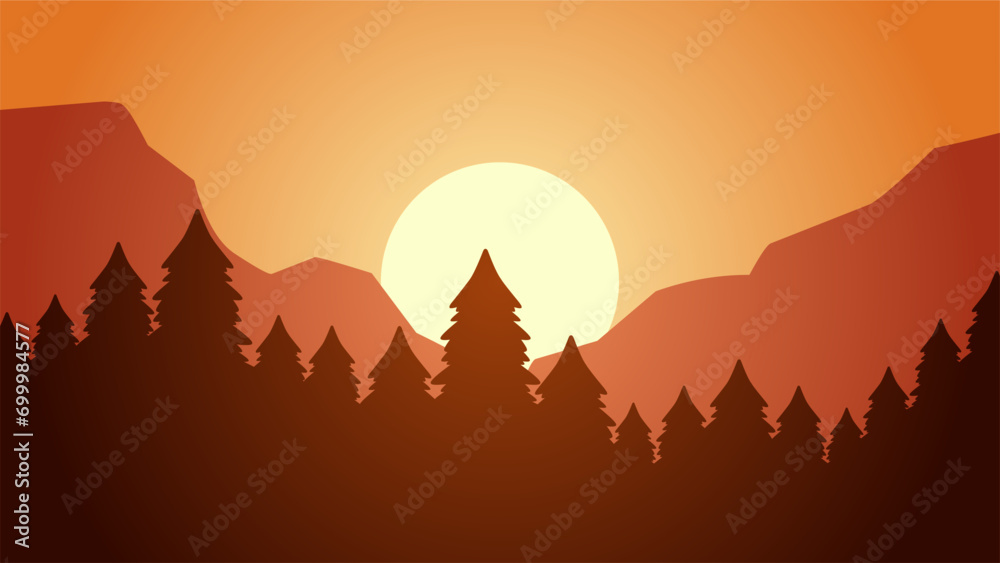Pine forest landscape vector illustration. Silhouette of coniferous forest with sunset sky. Pine forest landscape for background, wallpaper or illustration - obrazy, fototapety, plakaty 