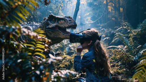 Girl uses virtual reality headset in prehistoric world around dinosaurs