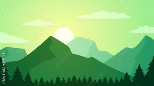 Green mountain landscape vector illustration. Scenery of mountain range with cloudy sky in the morning. Mountain landscape for background, wallpaper or illustration © Moleng