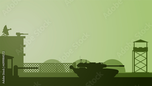 Military base landscape vector illustration. Silhouette of military base gate with tank and watchtower. Military landscape for background, wallpaper or illustration. Army training field illustration