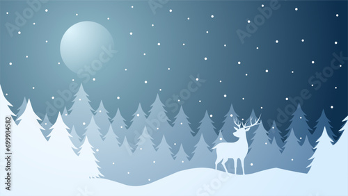 Winter landscape vector illustration. Winter silhouette with deer and pine forest at the snow hill. Cold season landscape for illustration, background or wallpaper