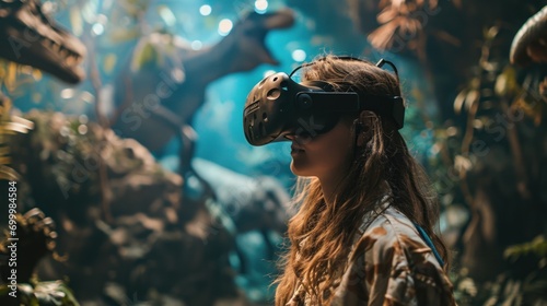 Girl uses virtual reality headset in prehistoric world around dinosaurs