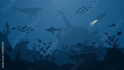 Underwater seascape vector illustration. Deep seascape with shipwreck, submarine, fish and coral reef. Undersea landscape for illustration, background or wallpaper