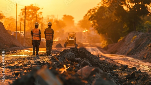 Road construction supervision team Civil engineers work at road construction sites to supervise new road construction