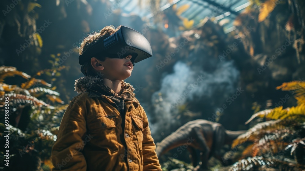 A boy is amazed by using a virtual reality headset in a prehistoric world about dinosaurs. game technology concept