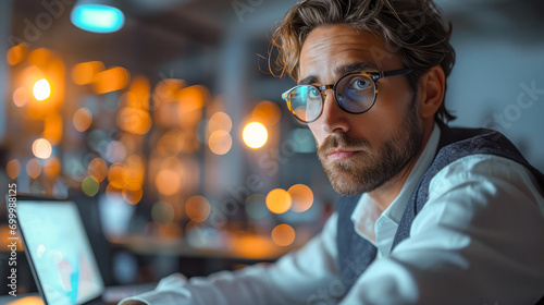 Portrait of a programmer looking thoughtfully at the camera, the idea of processing big data databases and financial analytics and stock market forecasting using artificial intelligence