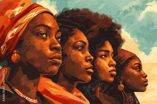 A powerful illustration celebrating Black History Month featuring profiles of women with African heritage amid a warm, textured backdrop. photo