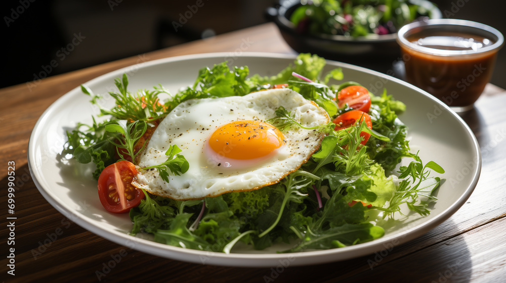 Fried eggs with bacon and fresh vegetables on the plate, soft focus background Fried eggs with bacon and fresh vegetables on the plate, soft focus background