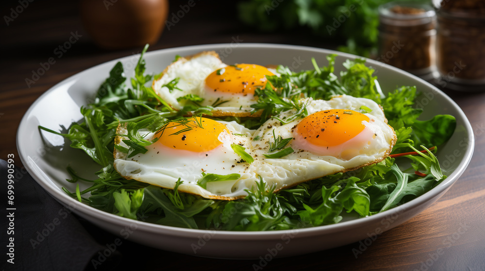 Fried eggs with bacon and fresh vegetables on the plate, soft focus background Fried eggs with bacon and fresh vegetables on the plate, soft focus background