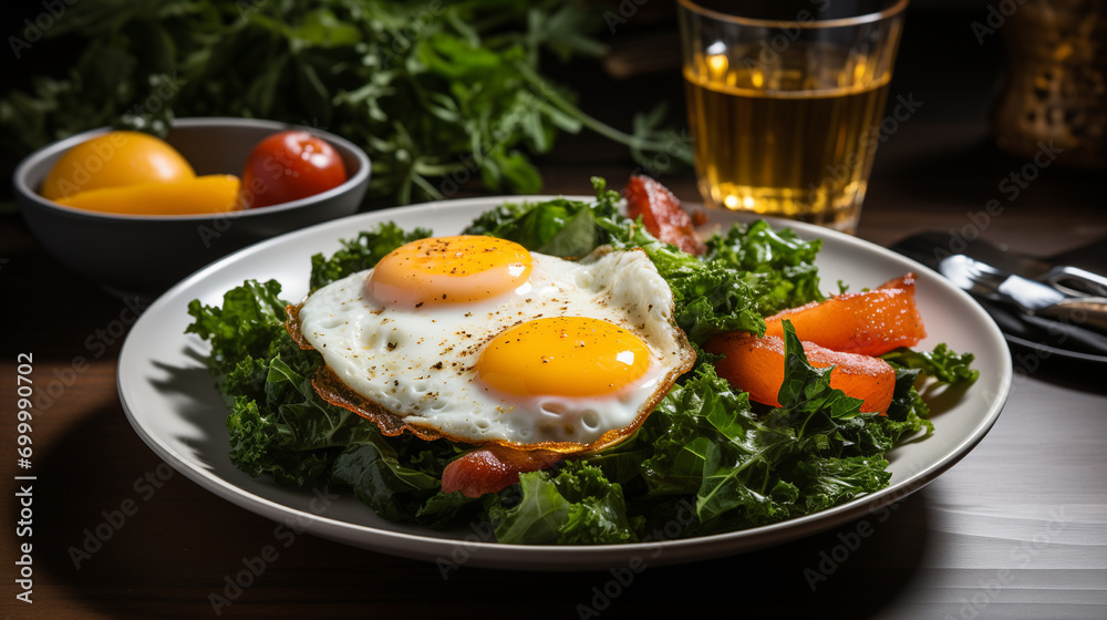 Fried eggs with bacon and fresh vegetables on the plate, soft focus background Fried eggs with bacon and fresh vegetables on the plate, soft focus background
