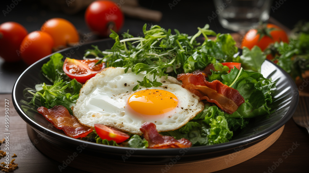 Fried eggs with bacon and fresh vegetables on the plate, soft focus background Fried eggs with bacon and fresh vegetables on the plate, soft focus background