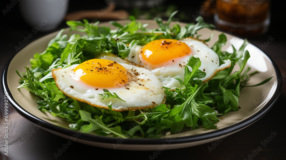 Fried eggs with bacon and fresh vegetables on the plate, soft focus background Fried eggs with bacon and fresh vegetables on the plate, soft focus background