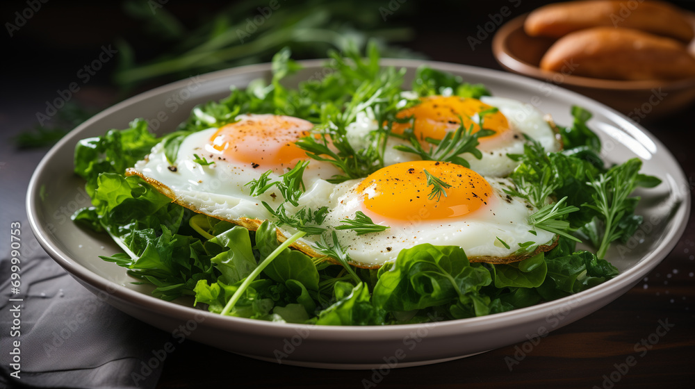 Fried eggs with bacon and fresh vegetables on the plate, soft focus background Fried eggs with bacon and fresh vegetables on the plate, soft focus background