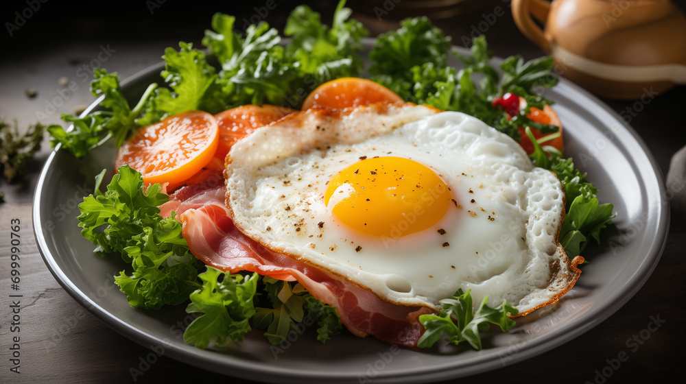 Fried eggs with bacon and fresh vegetables on the plate, soft focus background Fried eggs with bacon and fresh vegetables on the plate, soft focus background