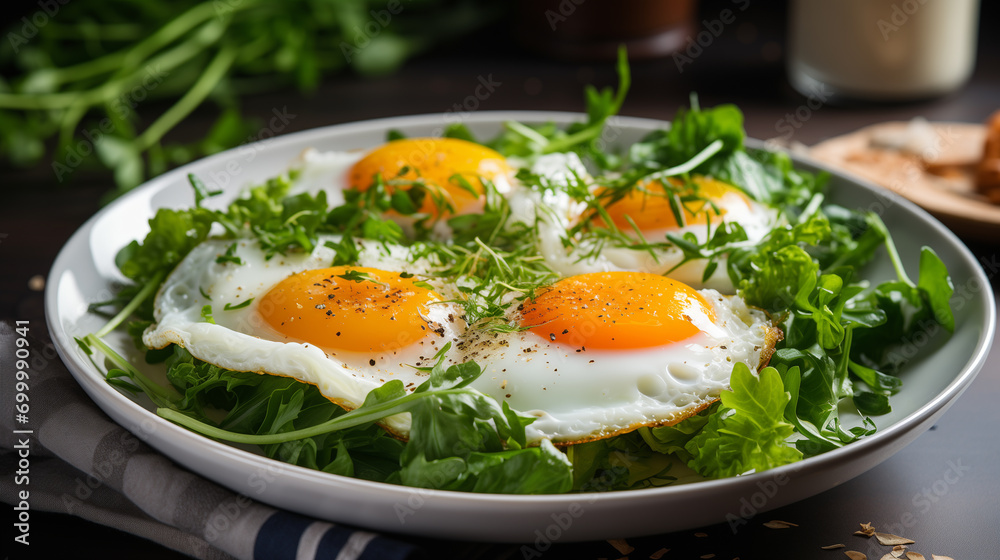 Fried eggs with bacon and fresh vegetables on the plate, soft focus background Fried eggs with bacon and fresh vegetables on the plate, soft focus background