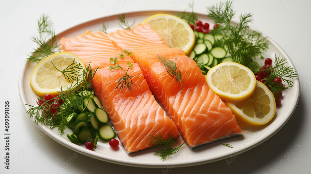 Cooked piece of salmon with fresh vegetables and greenery, soft focus background Cooked piece of salmon with fresh vegetables and greenery, soft focus background