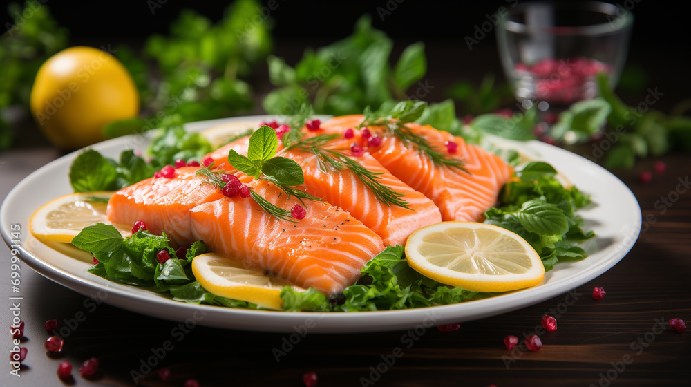 Cooked piece of salmon with fresh vegetables and greenery, soft focus background