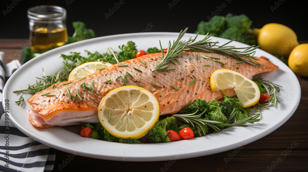 Cooked piece of salmon with fresh vegetables and greenery, soft focus background Cooked piece of salmon with fresh vegetables and greenery, soft focus background