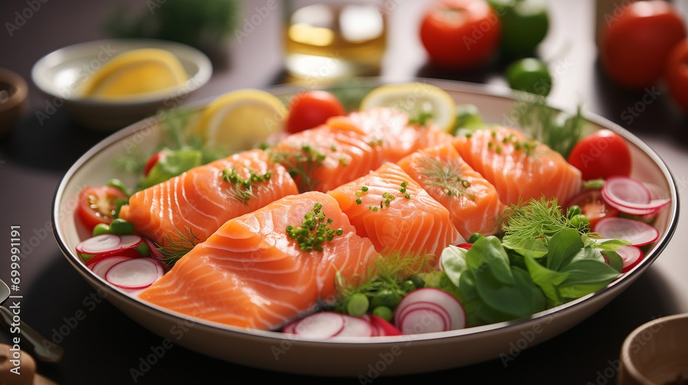Cooked piece of salmon with fresh vegetables and greenery, soft focus background Cooked piece of salmon with fresh vegetables and greenery, soft focus background