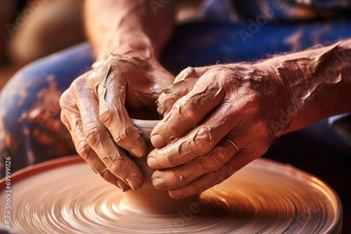 Photo of a close-up of a potter's hands shaping clay on a pottery wheel. Generative AI