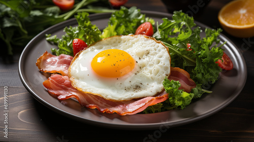 Fried eggs with bacon and fresh vegetables on the plate  soft focus background