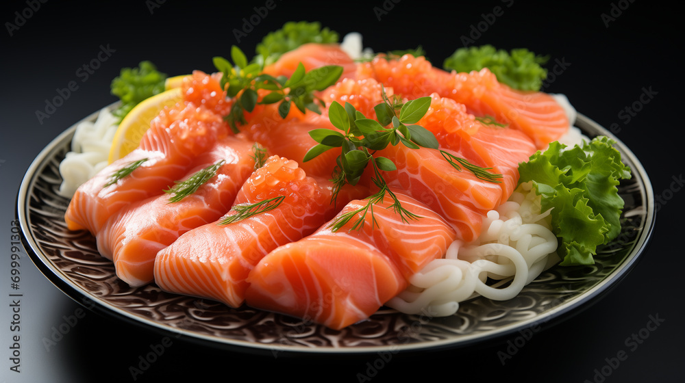 Cooked piece of salmon with fresh vegetables and greenery, soft focus background Cooked piece of salmon with fresh vegetables and greenery, soft focus background