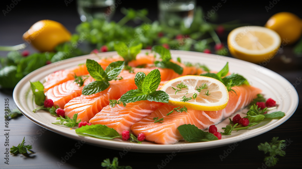Cooked piece of salmon with fresh vegetables and greenery, soft focus background Cooked piece of salmon with fresh vegetables and greenery, soft focus background