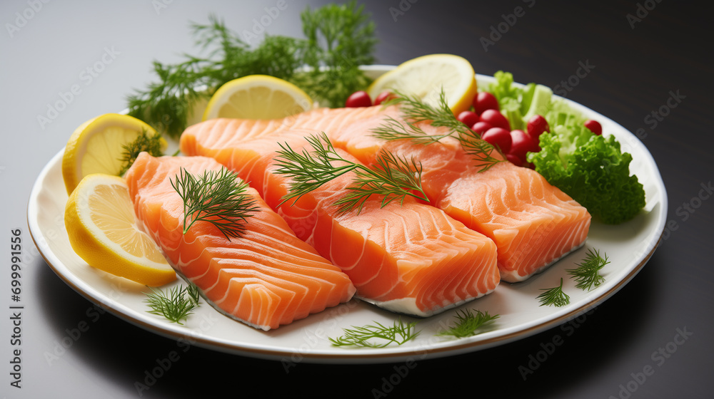 Cooked piece of salmon with fresh vegetables and greenery, soft focus background Cooked piece of salmon with fresh vegetables and greenery, soft focus background