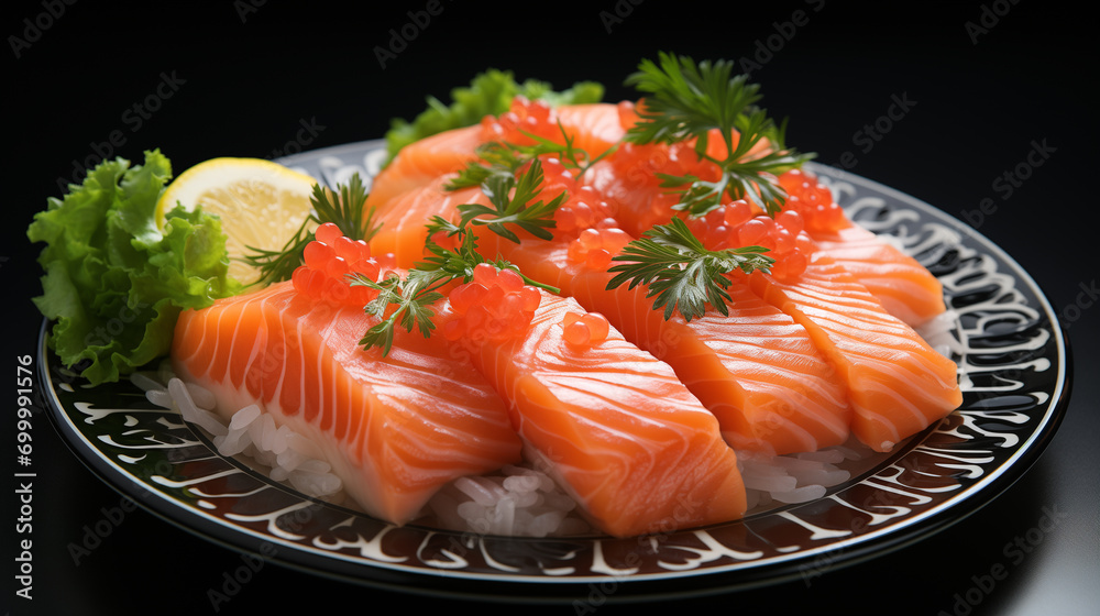 Cooked piece of salmon with fresh vegetables and greenery, soft focus background Cooked piece of salmon with fresh vegetables and greenery, soft focus background