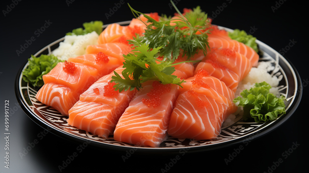 Cooked piece of salmon with fresh vegetables and greenery, soft focus background