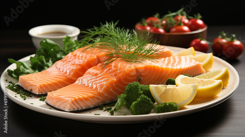 Cooked piece of salmon with fresh vegetables and greenery, soft focus background