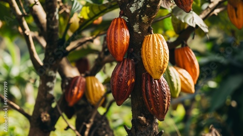 The fruit-bearing cocoa tree. On the trees of the cacao plantation, yellow and green cocoa pods grow