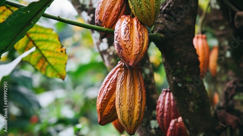 The fruit-bearing cocoa tree. On the trees of the cacao plantation, yellow and green cocoa pods grow