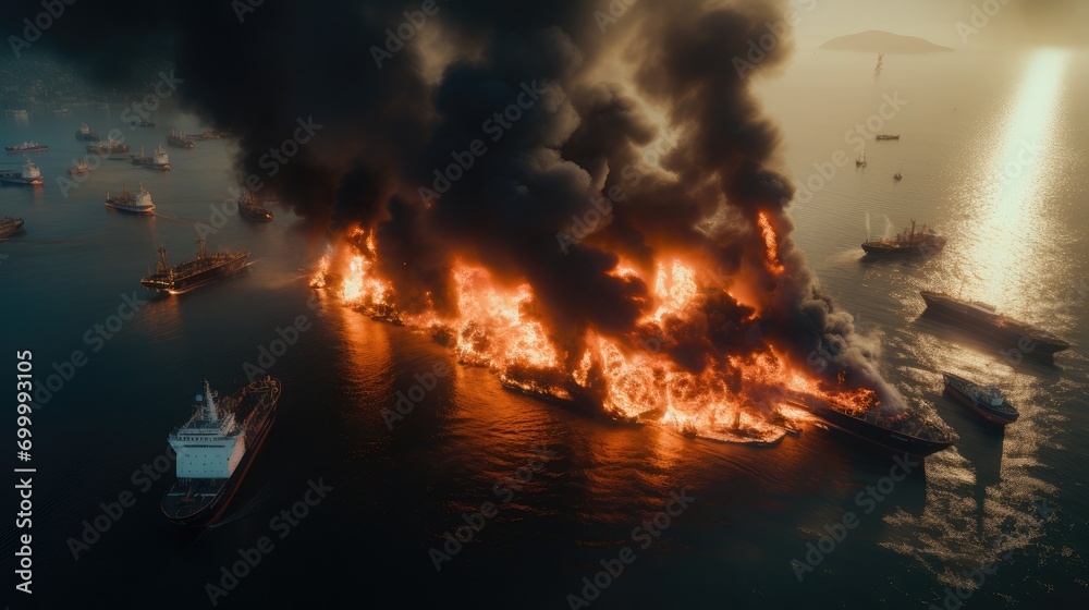 Ships loaded with huge fires, Aerial high view. Generative AI.