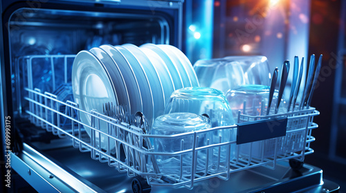Clean dishes in an open dishwasher