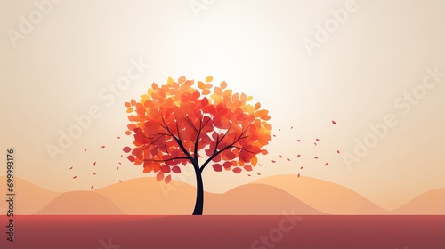 Solitary autumn tree with falling leaves on minimalistic nature background  lone orange yellow tree capturing essence of autumn season quiet beauty  serene and quiet beauty of autumn season