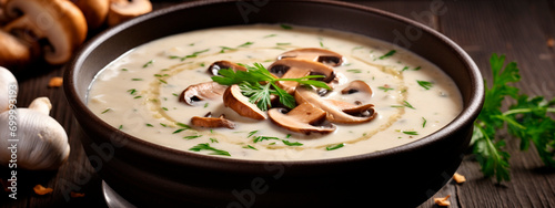 Cream soup with mushrooms in a plate. Selective focus.