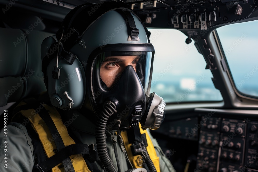 Pilot in the aircraft cabin with an oxygen mask. Generative AI. Pilot in the aircraft cabin with an oxygen mask. Generative AI.