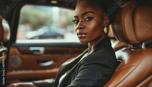 A successful black woman in a business suit exudes confidence and elegance in a luxurious car interior, illustrating wealth and professional achievement. photo