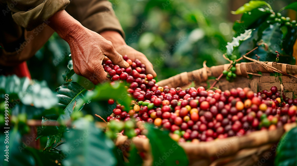 Coffee harvest is collected on the plantation. Selective focus. - obrazy, fototapety, plakaty 