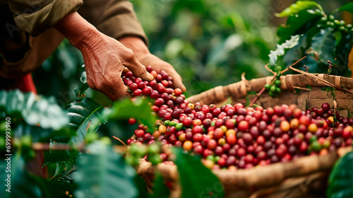 Coffee harvest is collected on the plantation. Selective focus. photo