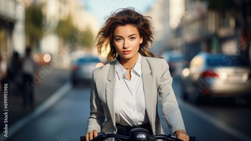 A confident ordinary brunette short hair female office worker in bright business clothes riding a roller scooter on a city street. Generative AI.