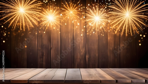 Empty wooden table with celebration theme in background. Ai