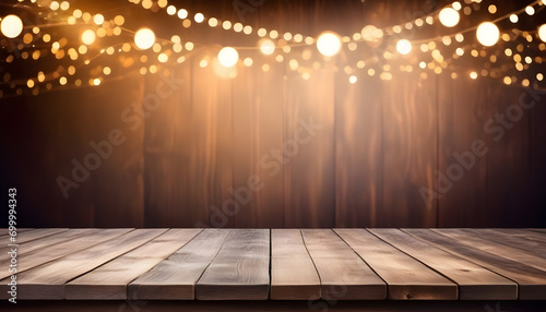 Empty wooden table with celebration theme in background. Ai