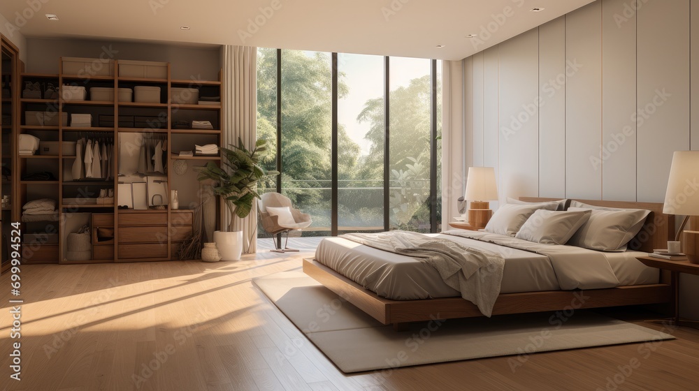 A modern bedroom with a closet. Generative AI. A modern bedroom with a closet. Generative AI.