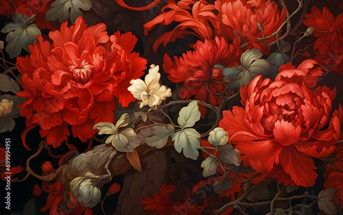 Oriental Floral Elegance: Traditional Red Flower Pattern © JD